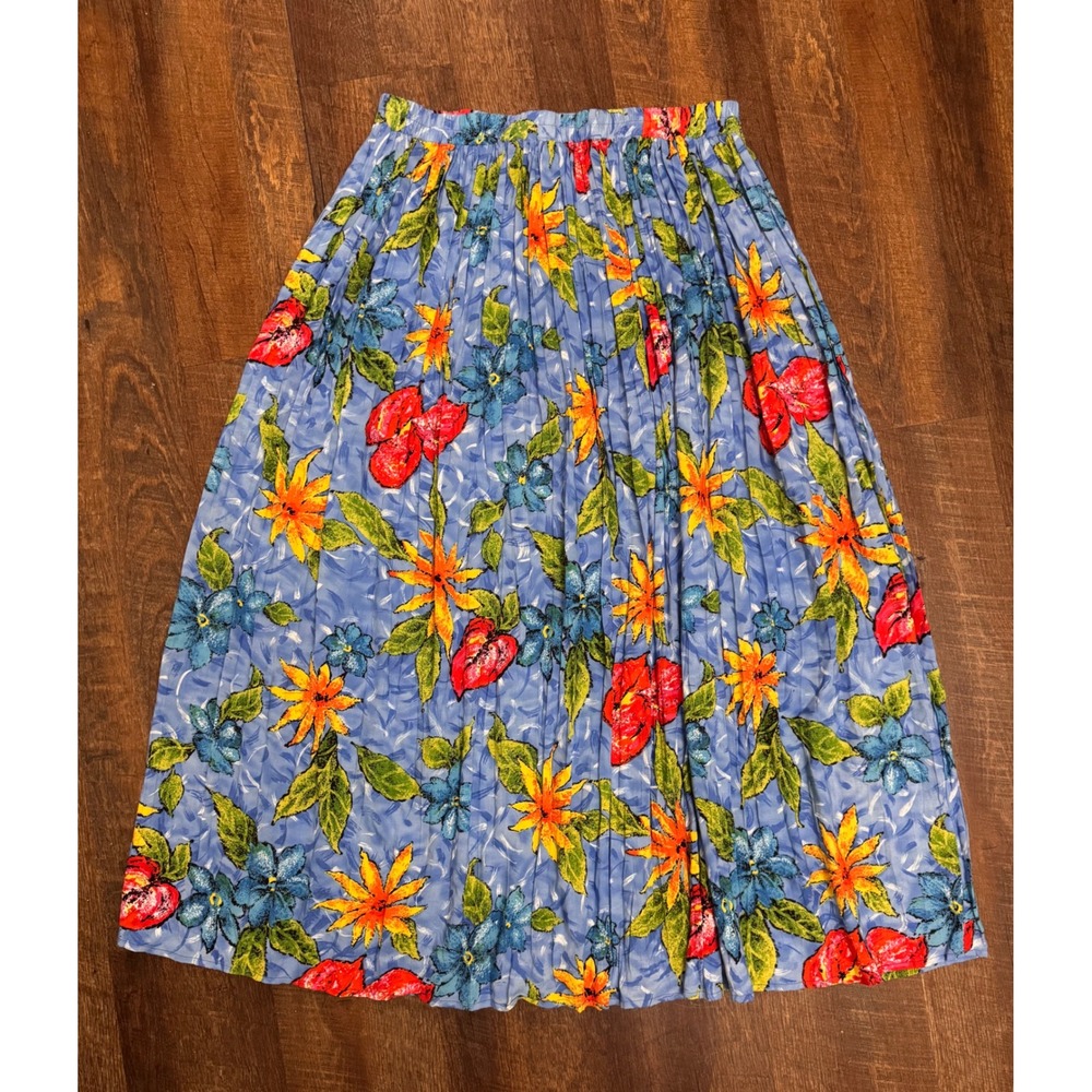Vintage 80s 90s Solitaire Floral Accordion Pleated Maxi Skirt XL Rayon
